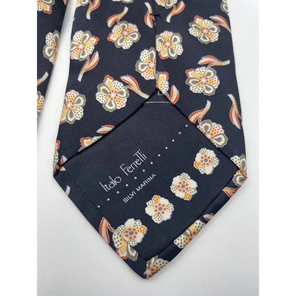 Italo Ferretti Mens Silk Floral Tie Navy Blue Orange Hand Made Italy Gandini